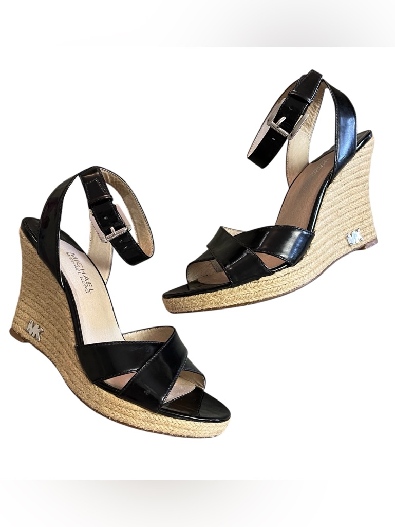 Michael Kors Kami Size 8.5 Black Leather Ankle Strap Wedge Espadrille Sandals